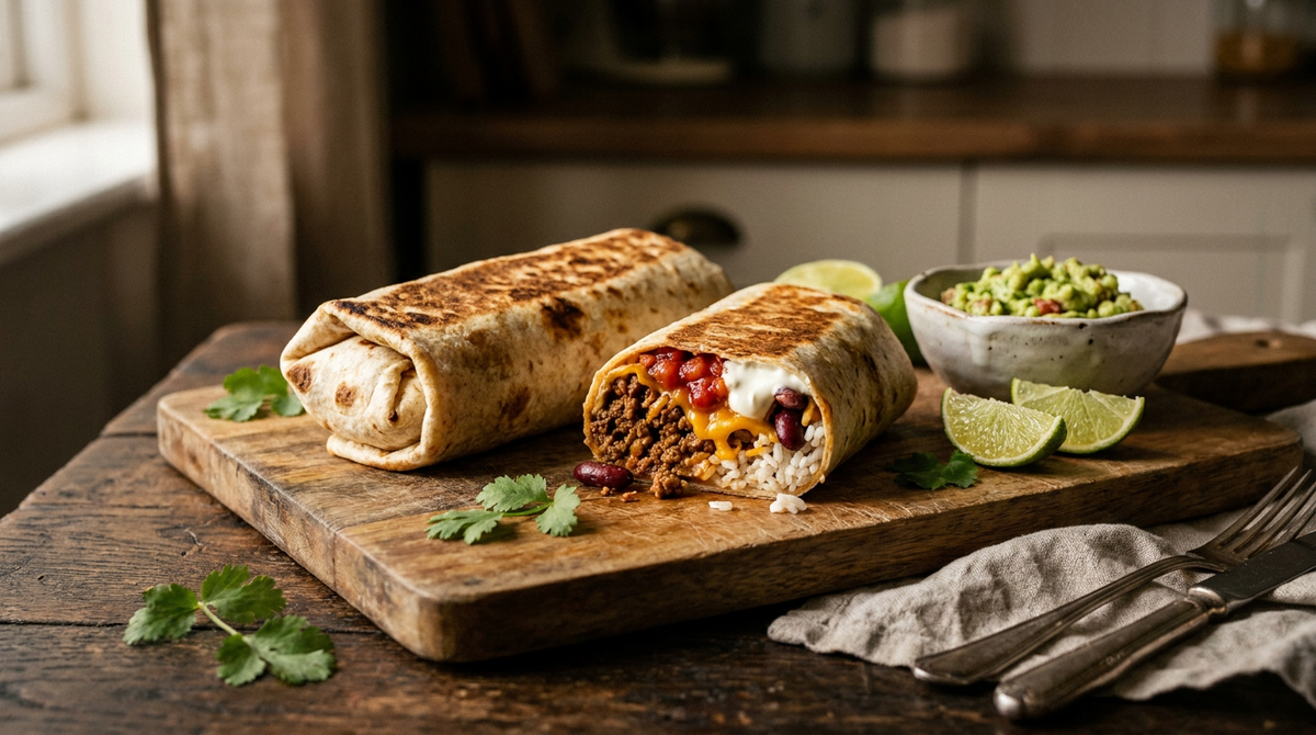 Deux burritos roulés dans des tortillas dorées à la poêle, un coupé en deux montrant bœuf haché aux épices, riz, haricots rouges, fromage fondu et salsa, planche de bois, bol de guacamole, citron vert