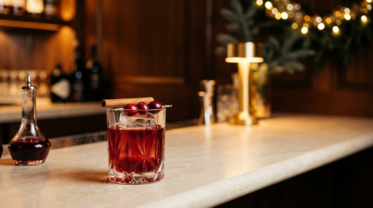 Mocktail de Noël rouge profond dans un verre bas sur un gros glaçon, bâton de cannelle et cranberries fraîches, comptoir de pierre calcaire crème, guirlande dorée floue