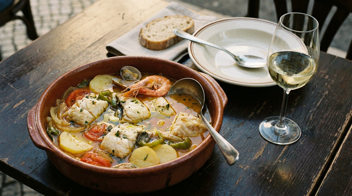 Marmite en terre de caldeirada, morceaux de poissons blancs, pommes de terre, tomates, oignons et poivrons dans un bouillon orangé, crevette et palourdes, assiette creuse, pain, verre de vin blanc