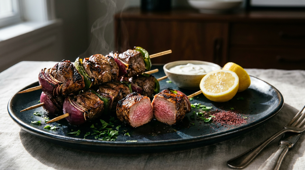 Brochettes d'agneau grillées, cubes espacés sur la broche, angles carbonisés, cœur rosé