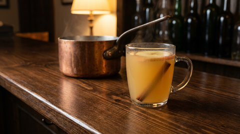 Tasse en verre remplie d'un liquide doré trouble et fumant, bâton de cannelle et lamelle de pomme dedans, casserole en cuivre derrière, comptoir de bois ciré sombre