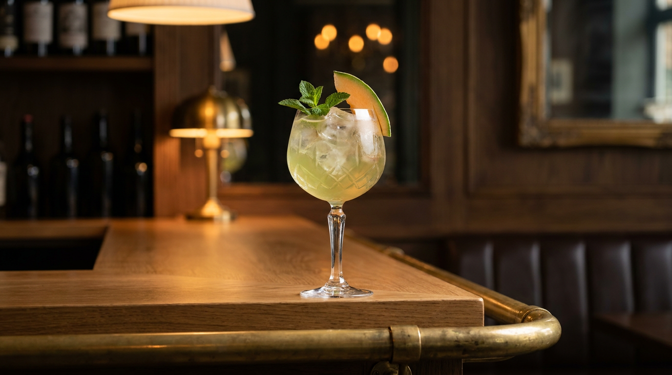 Cocktail melon menthe vert doré dans un verre à pied sur glace, brin de menthe et croissant de melon, comptoir de bar en chêne