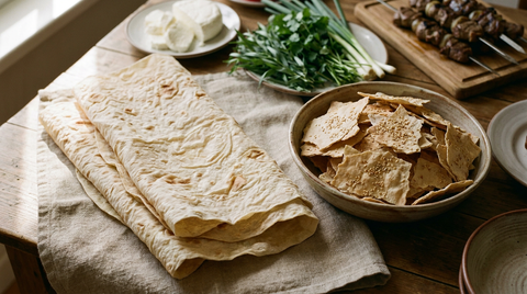 Grandes feuilles de lavash arménien très fines, souples et tachetées, empilées sur un linge, des éclats craquants au sésame dans un bol, fromage frais, herbes et brochettes d'agneau derrière, table arménienne, lumière chaude