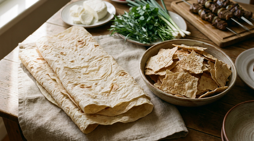 Grandes feuilles de lavash arménien très fines, souples et tachetées, empilées sur un linge, des éclats craquants au sésame dans un bol, fromage frais, herbes et brochettes d'agneau derrière, table arménienne, lumière chaude