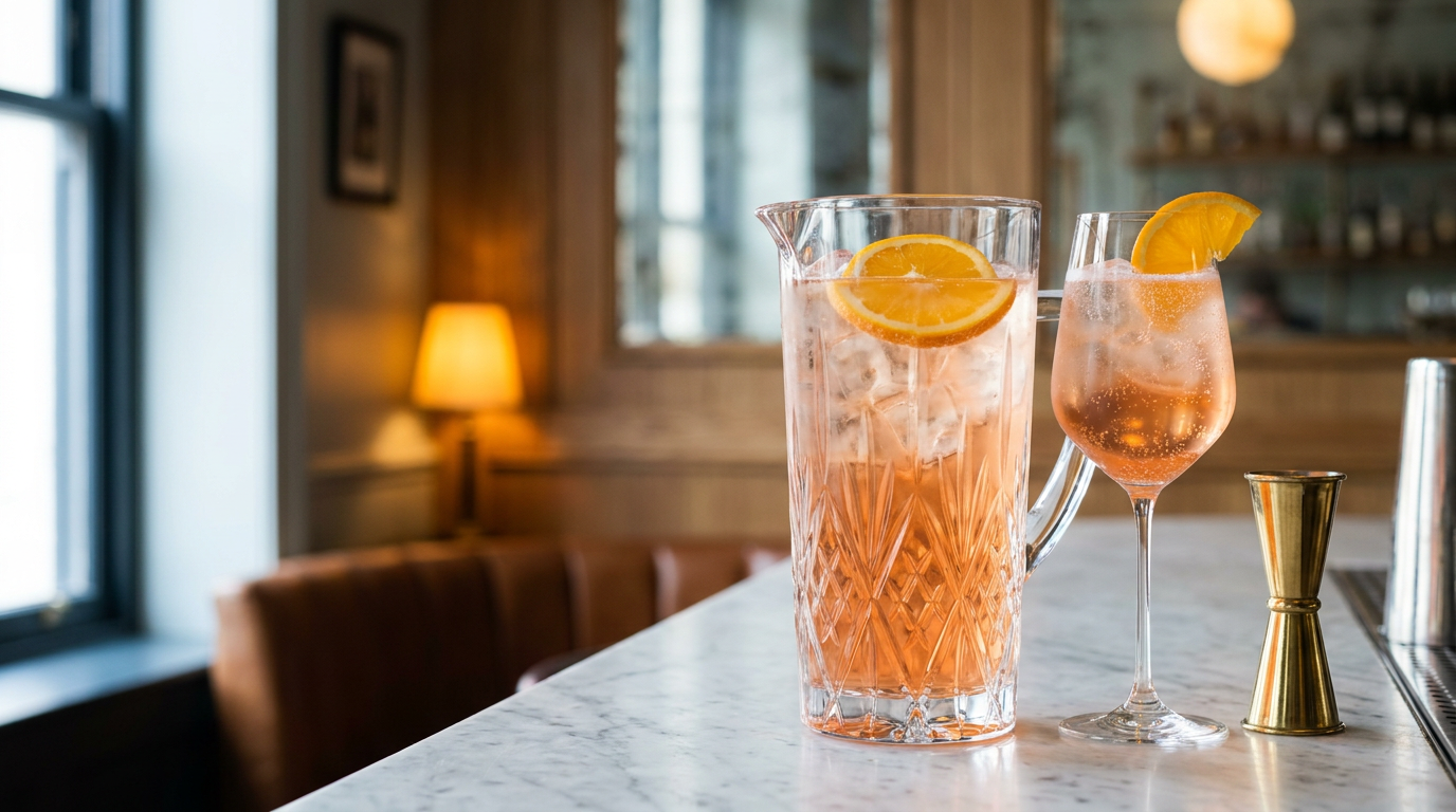 Pichet de cristal rempli de spritz et verre à vin servi sur un comptoir de marbre
