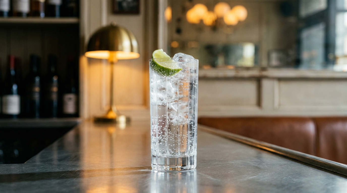 Vodka tonic cristallin et pétillant en verre highball, glaçons transparents et quartier de citron vert, sur un comptoir d'inox brossé d'un bar chic