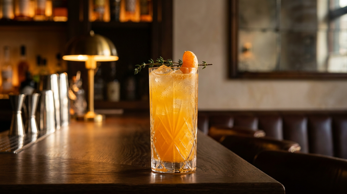 Mocktail clémentine thym dans un grand verre, brin de thym et quartier de clémentine, comptoir d'orme huilé