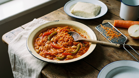 Chakalaka sud-africain dans un plat émaillé, condiment épais orange et rouge à la carotte râpée fondue, lanières de poivron et haricots blancs entiers, râpe et carotte à côté, pap de maïs