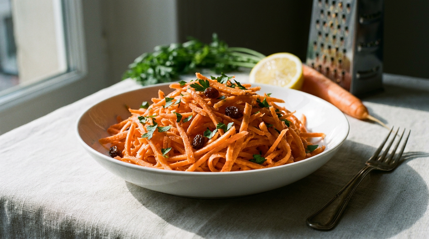 Carottes râpées en gros filaments emmêlés dans un bol blanc, persil et raisins, râpe et carotte entière à côté