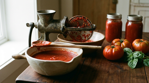 Coulis de tomate écarlate dans un grand bol en céramique avec une cuillère en bois, moulin à légumes à manivelle posé au-dessus d'un second bol avec les peaux retenues dans la grille, tomates mûres et basilic