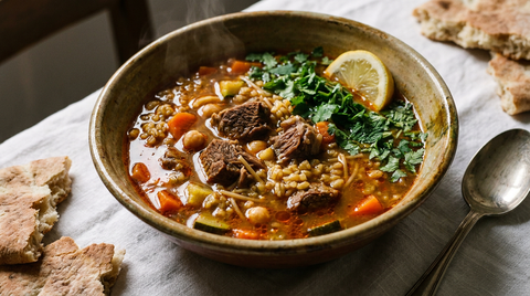 Chorba frik dans un bol de terre, bouillon rouille épais avec agneau, blé vert concassé, pois chiches et coriandre