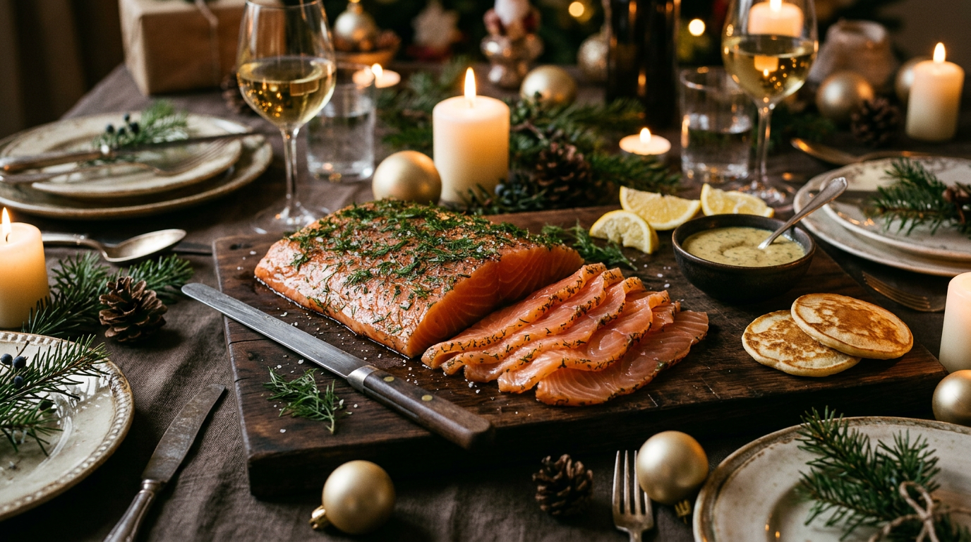 Gravlax de saumon à l'aneth sur une planche, chair orange rosé translucide et tranches fines levées, avec sauce moutarde-aneth, citron et blinis, sur une table de fête aux bougies