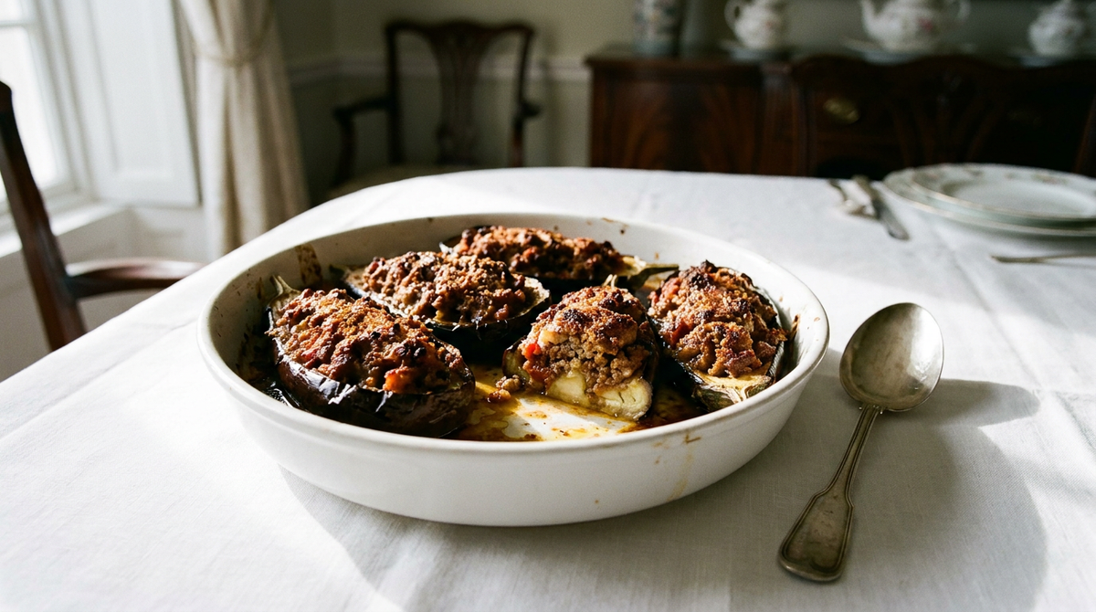 Aubergines farcies dans un plat blanc, peaux violet sombre et farce à la viande bien dorée sur le dessus, une moitié ouverte