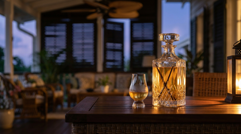 Carafe de cristal de rhum arrangé poire-vanille et verre à dégustation sur la table de teck d'une véranda coloniale au crépuscule