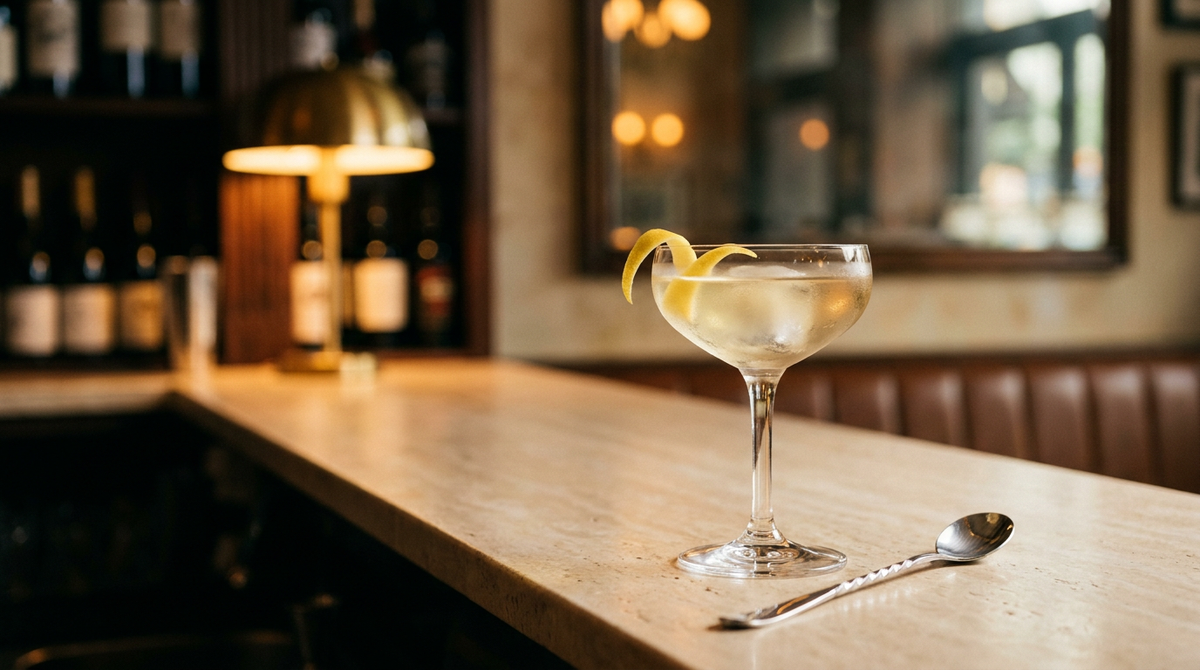 Verre à cocktail glacé rempli d'un mélange très pâle et limpide, zeste de citron taillé net sur le bord et cuiller à mélange posée, sur un comptoir de travertin clair
