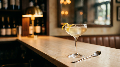 Verre à cocktail glacé rempli d'un mélange très pâle et limpide, zeste de citron taillé net sur le bord et cuiller à mélange posée, sur un comptoir de travertin clair