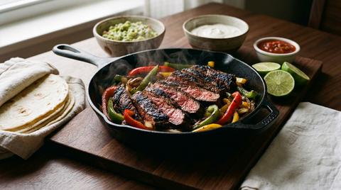 Fajitas de bœuf dans une poêle en fonte fumante, tranches de bavette rosées à cœur, poivrons et oignons grillés, tortillas et guacamole