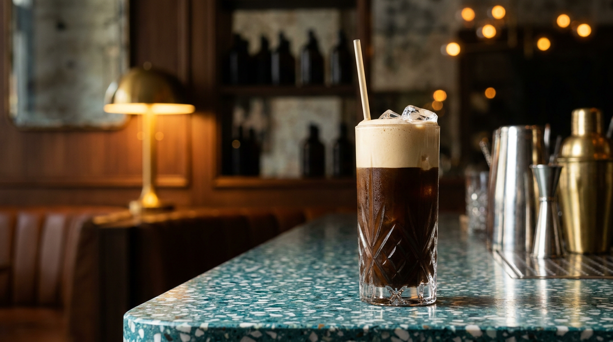 Frappé grec brun foncé sous une épaisse mousse beige, glaçons et longue paille, comptoir de terrazzo bleu-vert