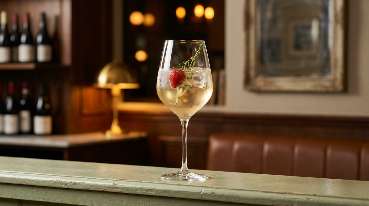 Maibowle dans un grand verre à vin, fraise et brin vert, banc de jardin peint en vert pâle