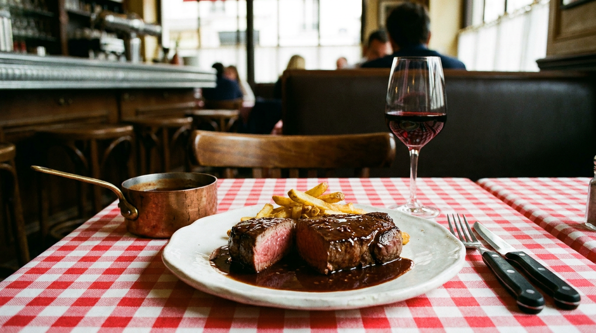 Sauce au vin rouge brillante, couleur acajou, versée d'une casserole en cuivre sur un pavé de bœuf saignant coupé, échalotes fondues, assiette blanche épaisse, nappe à carreaux rouges, verre de rouge, lumière de bistrot