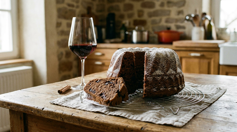 Gâteau au vin rouge rond, mie sombre couleur bordeaux-chocolat, une part coupée montrant le moelleux, sucre glace, grille et torchon de lin, verre à vin à pied de rouge grenat, bâton de cannelle, table de bois ancien, lumière chaude