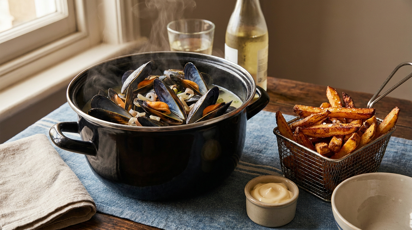 Moules frites : cocotte de moules ouvertes et fumantes, panier de frites dorées, mayonnaise et verre de vin blanc