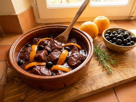 Daube de sanglier dans une daubière en terre cuite avec olives noires et zestes d'orange, romarin et oranges sur une planche en bois d'olivier