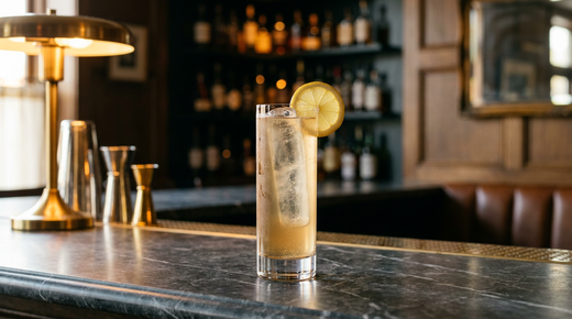 Mike Collins ambré pâle et pétillant dans un verre étroit avec de longs glaçons, rondelle de citron, comptoir de marbre gris Carnico