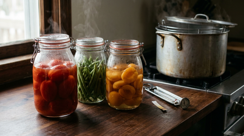 Bocaux français à étrier posés sur une table de bois sombre, tomates entières, haricots verts et abricots au sirop, verre encore embué, grande marmite fumante à l'arrière avec sa grille