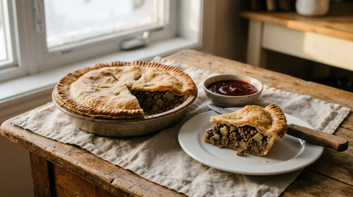 Tourtière québécoise : la farce est cuite et refroidie avant d'entrer dans la pâte, sinon sa vapeur détrempe le fond