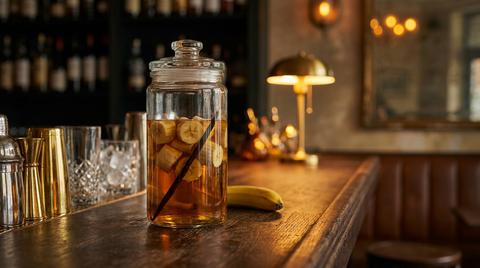 Bocal de rhum arrangé à la banane et à la vanille sur un comptoir de chêne sombre