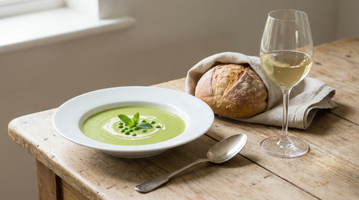 Velouté de petits pois à la menthe vert tendre, crème, pain, verre de vin blanc