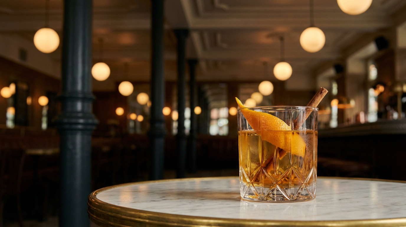 Cocktail miel et épices au whisky en verre bas de cristal taillé, robe ambre doré, zeste d'orange et bâton de cannelle, sur le guéridon de marbre d'une brasserie ancienne