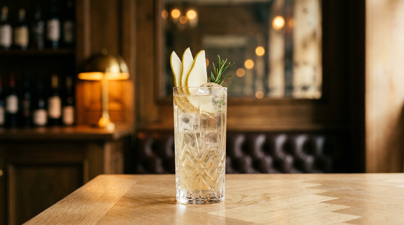 Mocktail poire romarin dans un grand verre, éventail de poire et brin de romarin, table à plateau de parquet de chêne clair