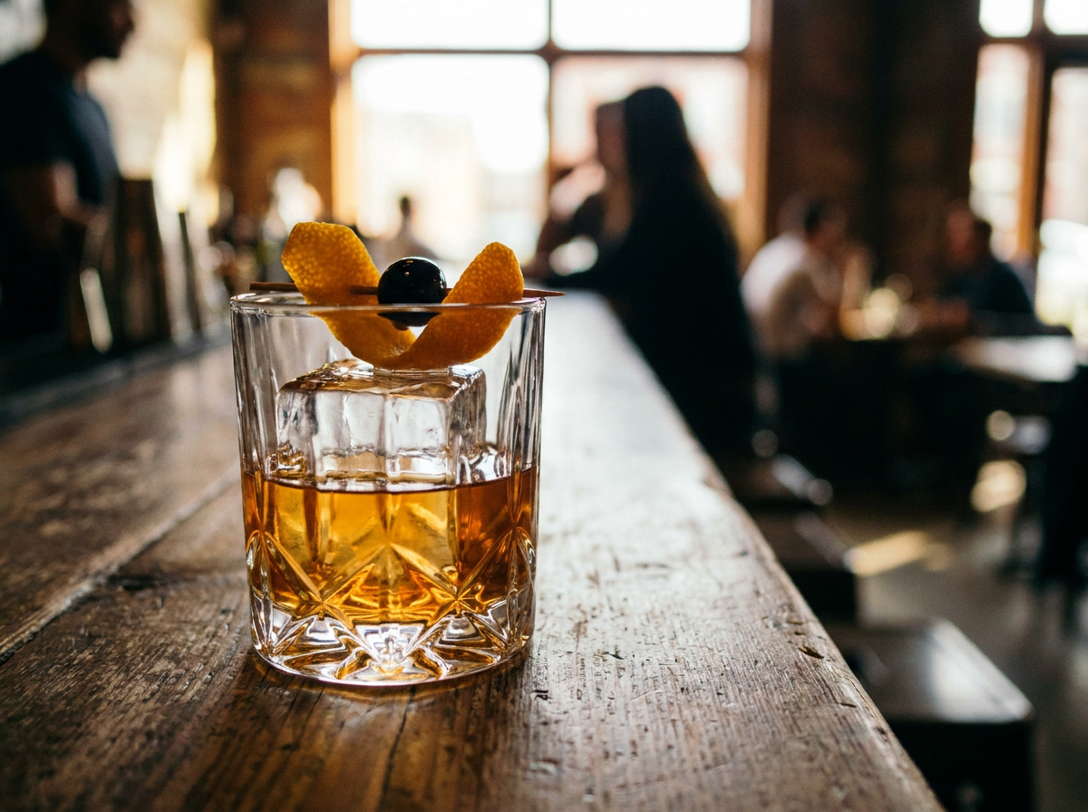 Old Fashioned classique ambré sur un gros glaçon, zeste d'orange et cerise