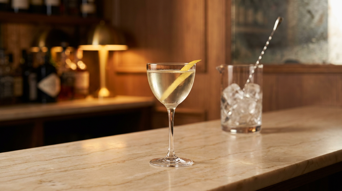 Princeton paille doré parfaitement limpide dans un verre à cocktail, zeste de citron, comptoir de marbre Botticino