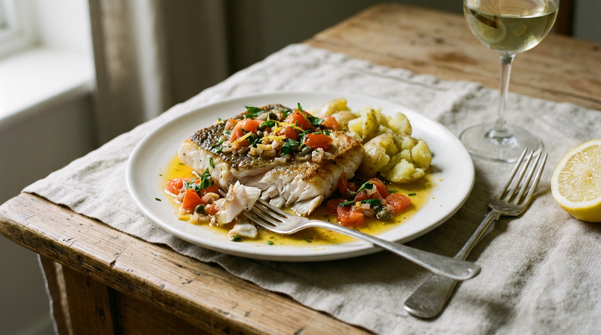Pavé de merlu poêlé à la peau croustillante, chair blanche en feuillets, nappé d'une sauce vierge à l'huile d'olive, tomate, échalote, câpres et herbes, pommes de terre écrasées, fourchette à plat, citron, verre de vin blanc pâle
