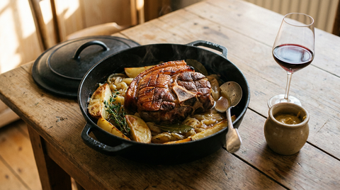 Rouelle de porc rôtie dans un plat en fonte, tranche épaisse de jambon frais avec son os central, croûte dorée, oignons confits et pommes de terre fondantes autour, thym, jus brillant, verre de rouge, table de ferme, lumière chaude