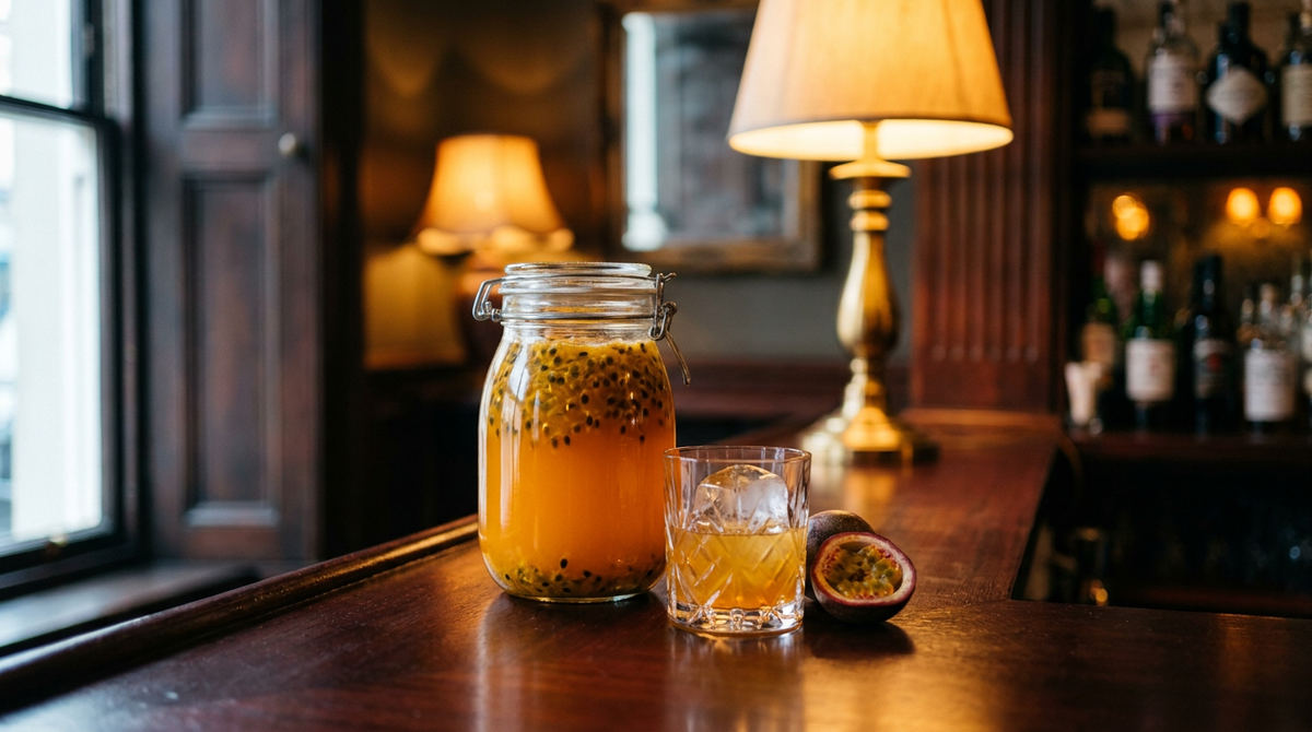 Bocal de rhum arrangé au fruit de la passion, pulpe orange et graines noires en suspension dans le rhum, sur un comptoir d'acajou poli, verre servi et fruit de la passion coupé en deux, bar chaleureux flou