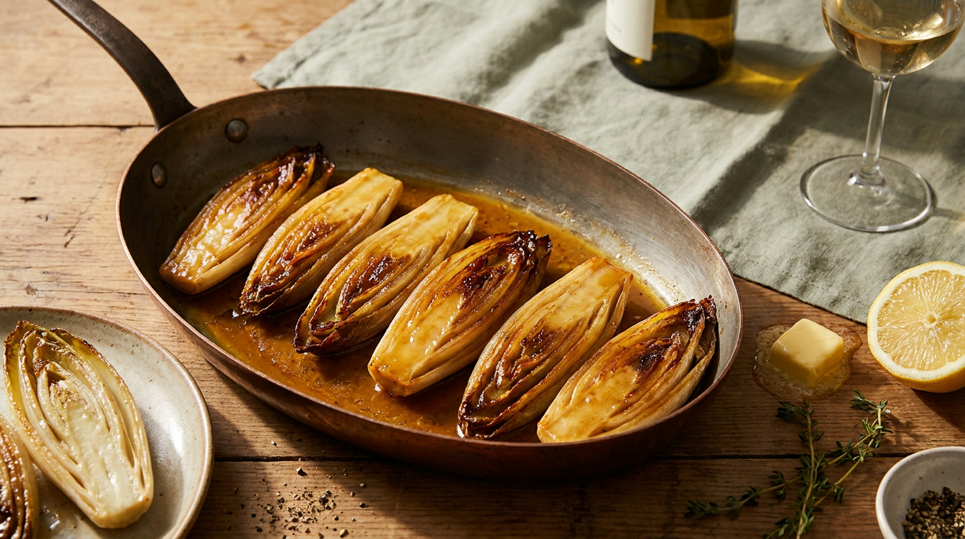 Endives braisées dorées et laquées dans une poêle en cuivre, glaçage ambré, citron et thym à côté