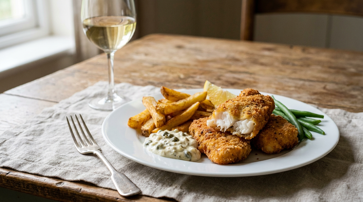 Poisson pané maison, morceaux de cabillaud dans une chapelure dorée et croustillante, un ouvert montrant la chair blanche en feuillets, frites au four, sauce tartare, citron et haricots verts, fourchette à plat, verre de vin blanc pâle