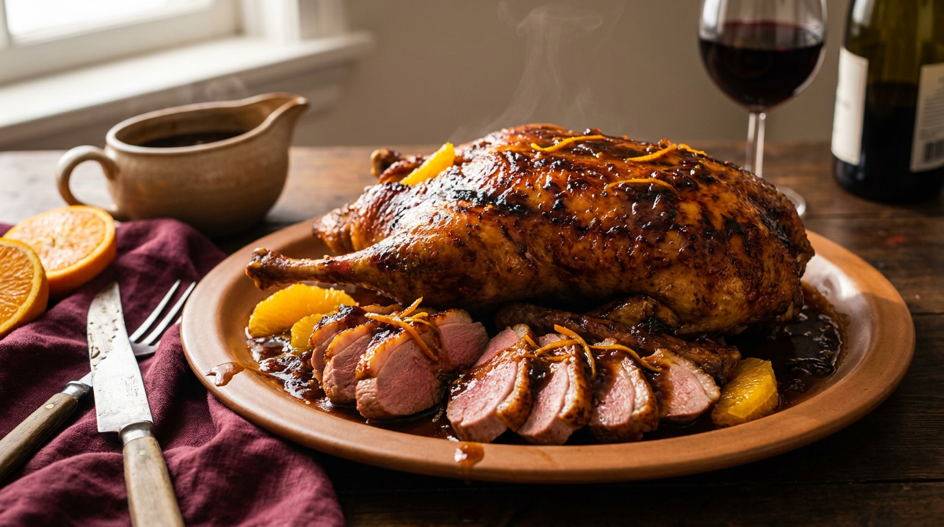 Canard à l'orange sur un plat, peau laquée et dorée, tranches rosées, sauce ambrée brillante et zestes d'orange