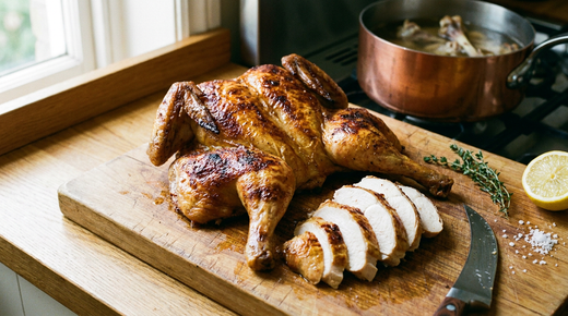 Poulet désossé et rôti à plat sur une planche à découper en bois, peau dorée et croustillante, tranches épaisses sans os, couteau à désosser à plat, thym, gros sel, demi-citron, marmite en cuivre avec la carcasse en arrière-plan