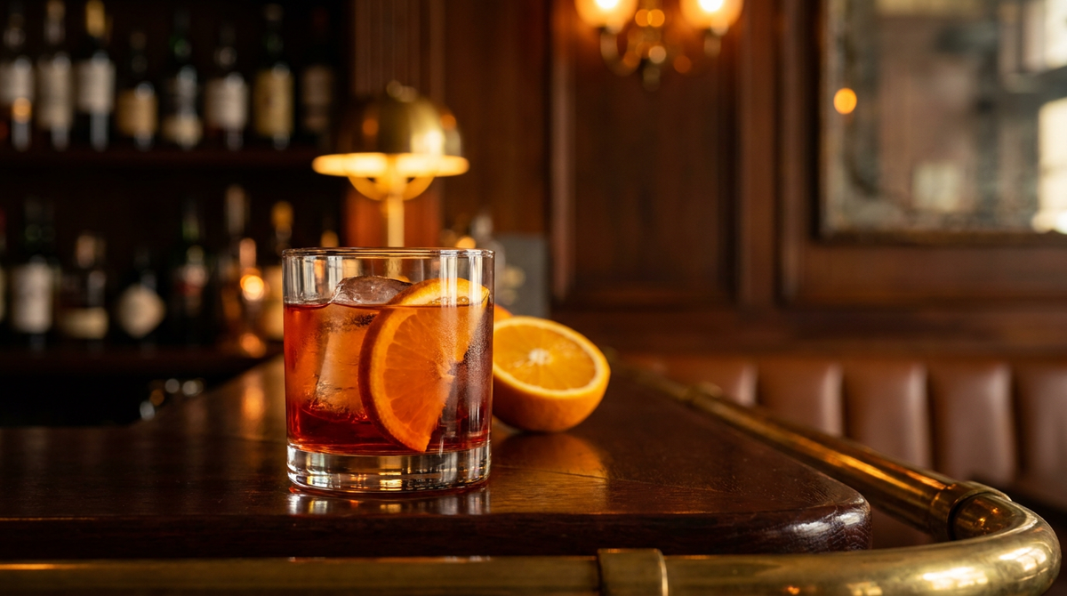 Virgin negroni sur un gros glaçon, demi-tranche d'orange, sur un comptoir d'acajou