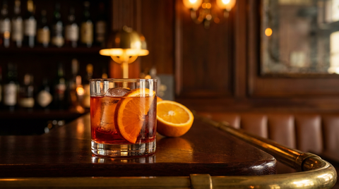Virgin negroni sur un gros glaçon, demi-tranche d'orange, sur un comptoir d'acajou