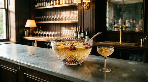 Grand bol en cristal taillé rempli d'un punch au crémant doré aux tranches d'agrumes, louche et coupe servie devant, bar de réception, rangées de verres au fond