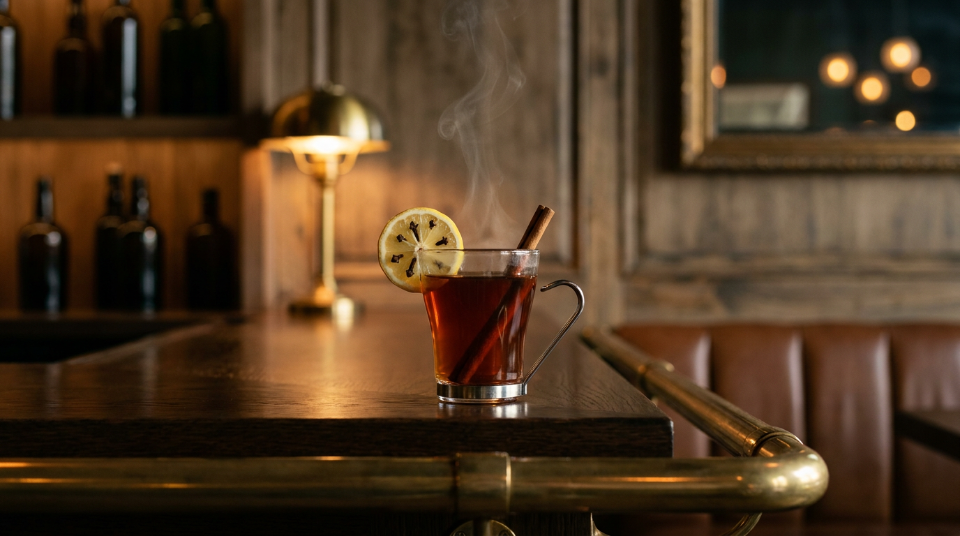 Hot Toddy ambré fumant dans une chope de verre, rondelle de citron cloutée et bâton de cannelle, comptoir de chêne