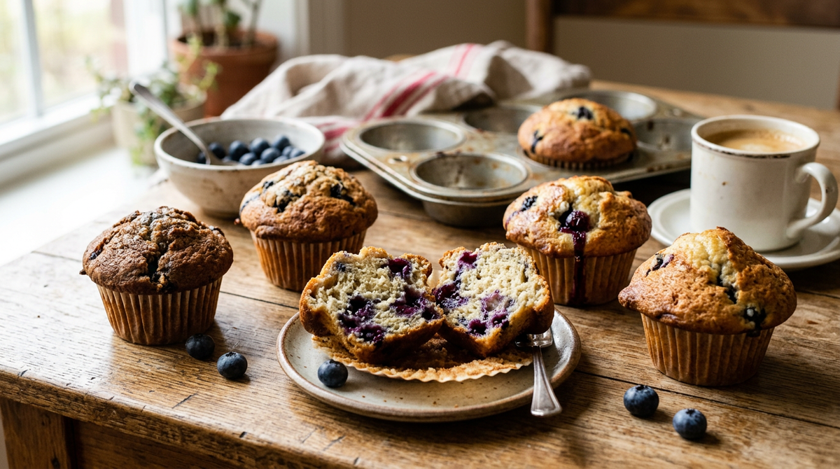 Muffins aux myrtilles à chapeau bombé dans leurs caissettes, l'un ouvert montrant la mie humide