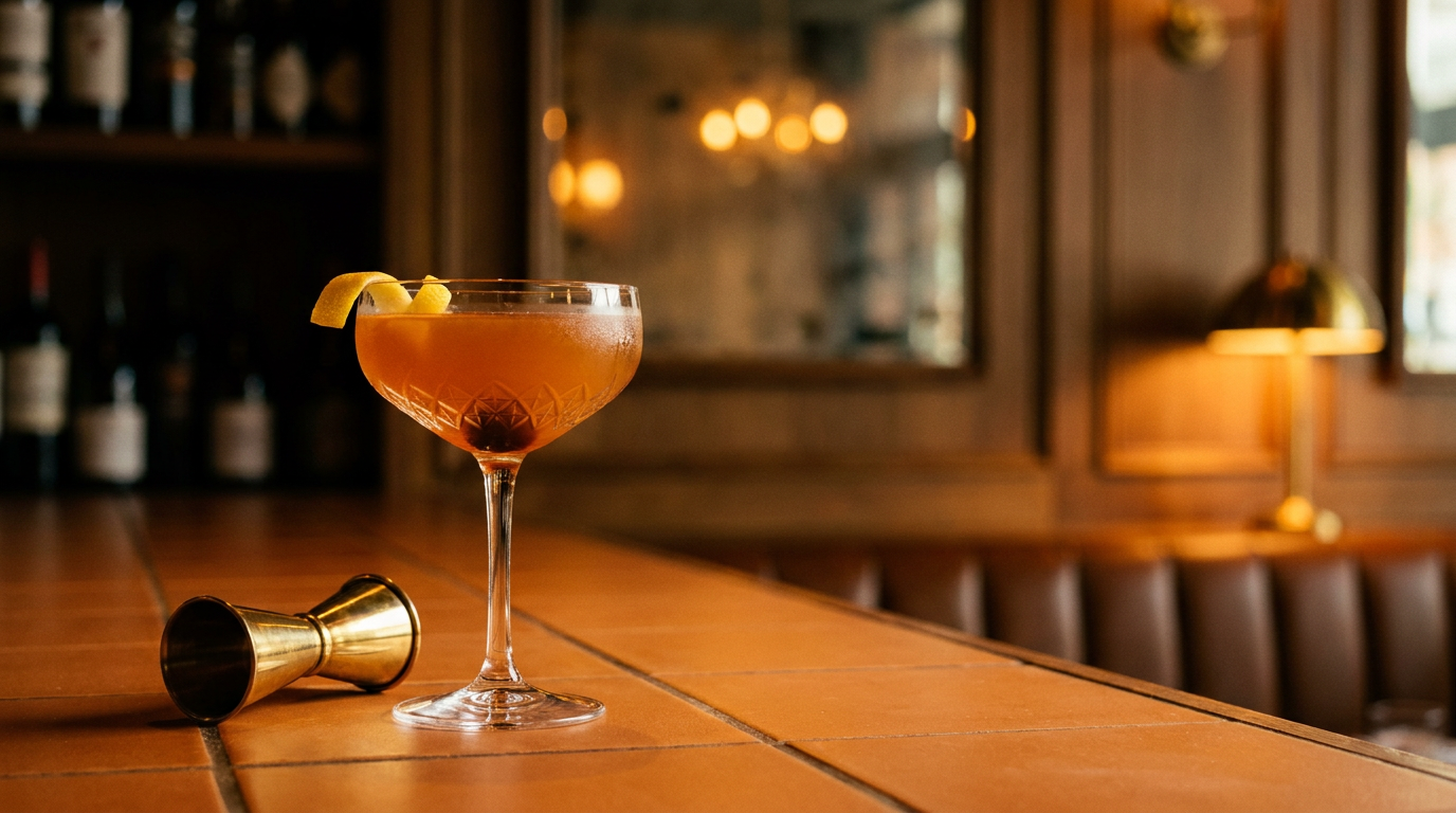 Man O' War en coupe de cristal sur un comptoir de tomettes ocre, robe ambre orangé, zeste de citron et cerise au fond du verre