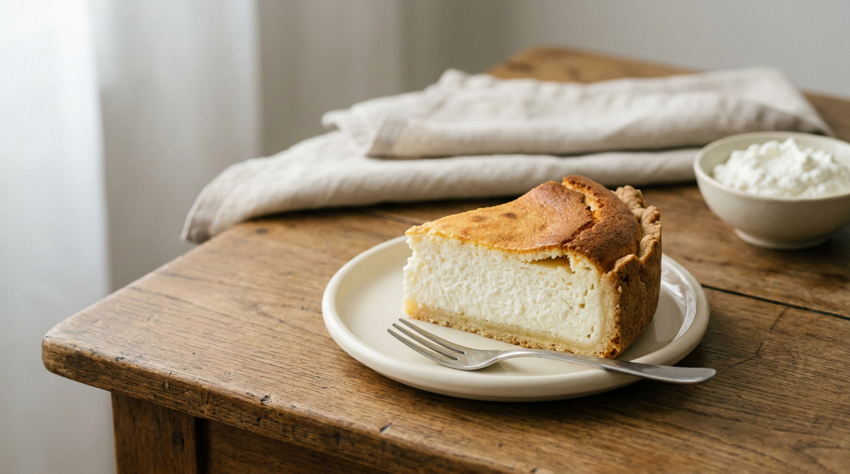 Part de tarte au fromage blanc alsacienne, garniture blanche aérienne et dessus doré, fourchette posée à plat, table de bois ancien